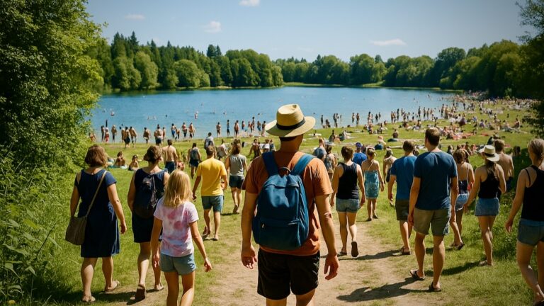 Menschenmenge an einem sonnigen Badesee, dicht gedrängt am Ufer und im Wasser, umgeben von Bäumen.
