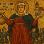 Byzantinisch anmutende Ikone der Adelheid von Frontenhausen, übergroß dargestellt mit Geldsack und Kloster, flankiert von drei kleineren Rittern.