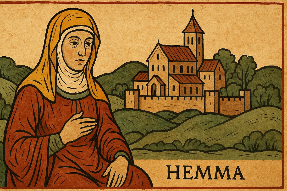 Illustration der heiligen Hemma von Gurk im Stil eines mittelalterlichen Manuskripts, in Landschaftsformat