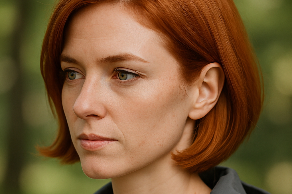 Porträt einer nachdenklichen Frau mit roten Haaren im Querformat, freundlicher Ausdruck, symbolisiert Karins Sicht auf Ressourcen im Siebenkörper-Kunstprojekt.