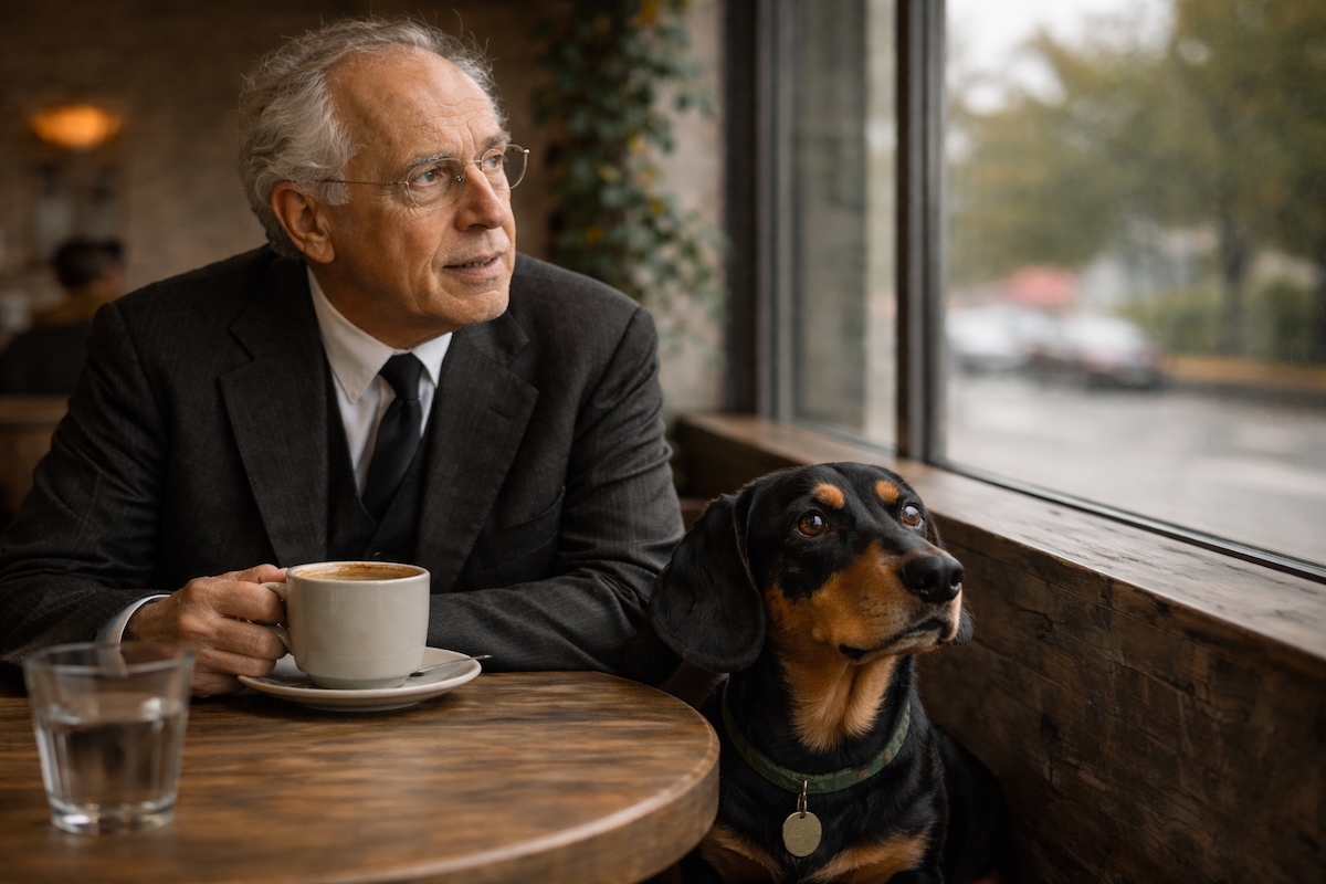 Mann mit Kaffeetasse und Dackel