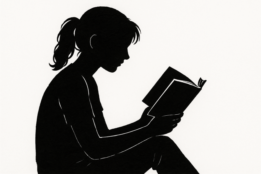 Scherenschnitt einer jungen Frau, die in ein Buch vertieft liest, schwarz-weiße Silhouette