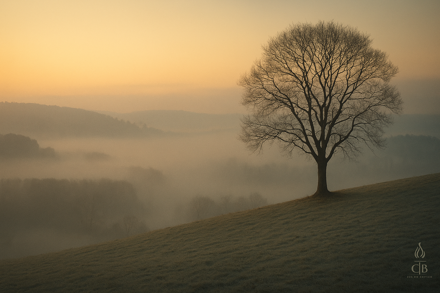 Ein einzelner, kahler Baum steht auf einer frostbedeckten Hügellandschaft, umgeben von morgendlichem Nebel. Goldenes Licht streift den Horizont, während im Tal sanfte Nebelschleier verweilen. Rechts unten ein dezentes Signet mit den Initialen C×B und einer stilisierten Flamme.