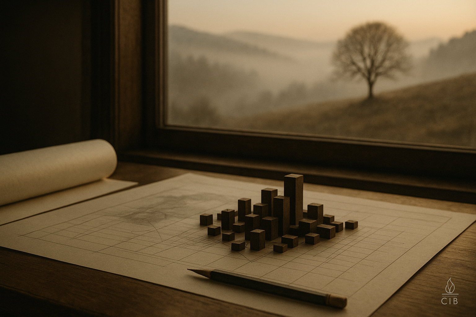 Ein Architekturmodell aus Holzklötzen steht auf einem Zeichenpapier am Fenster. Draußen liegt eine neblige Hügellandschaft mit einem einzelnen Baum in sanftem Morgenlicht. In der rechten unteren Ecke ein dezentes Signet mit Flamme und den Initialen C×B