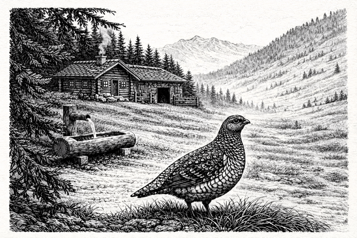 Ein detailreicher Holzschnitt zeigt ein Raufußhuhn in einer alpinen Landschaft mit Hütte, Brunnen und Bergen im Hintergrund.